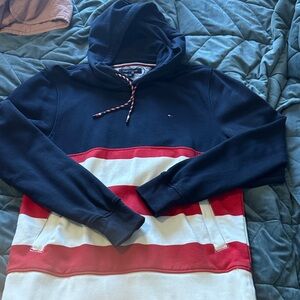 Men's Navy and Red Striped Hoodie